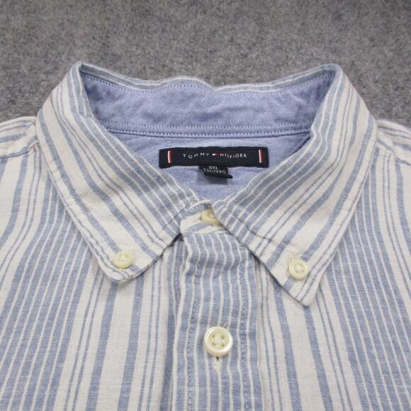 Tommy Hilfiger Shirt Mens 2XL Blue White Striped Linen Blend Short Sleeve Button - Picture 10 of 16